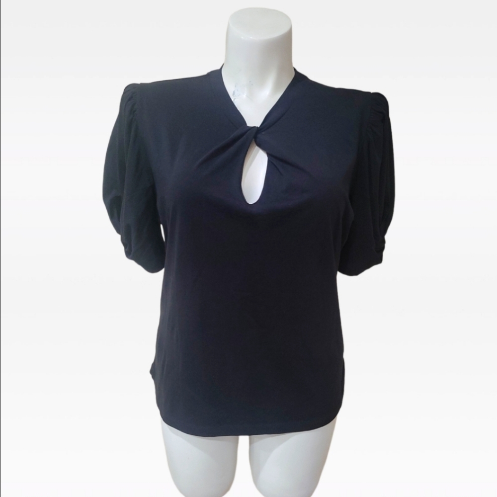 7 for All Man Kind Black Puff Sleeve Blouse Key Hole Fashion Top Sz L